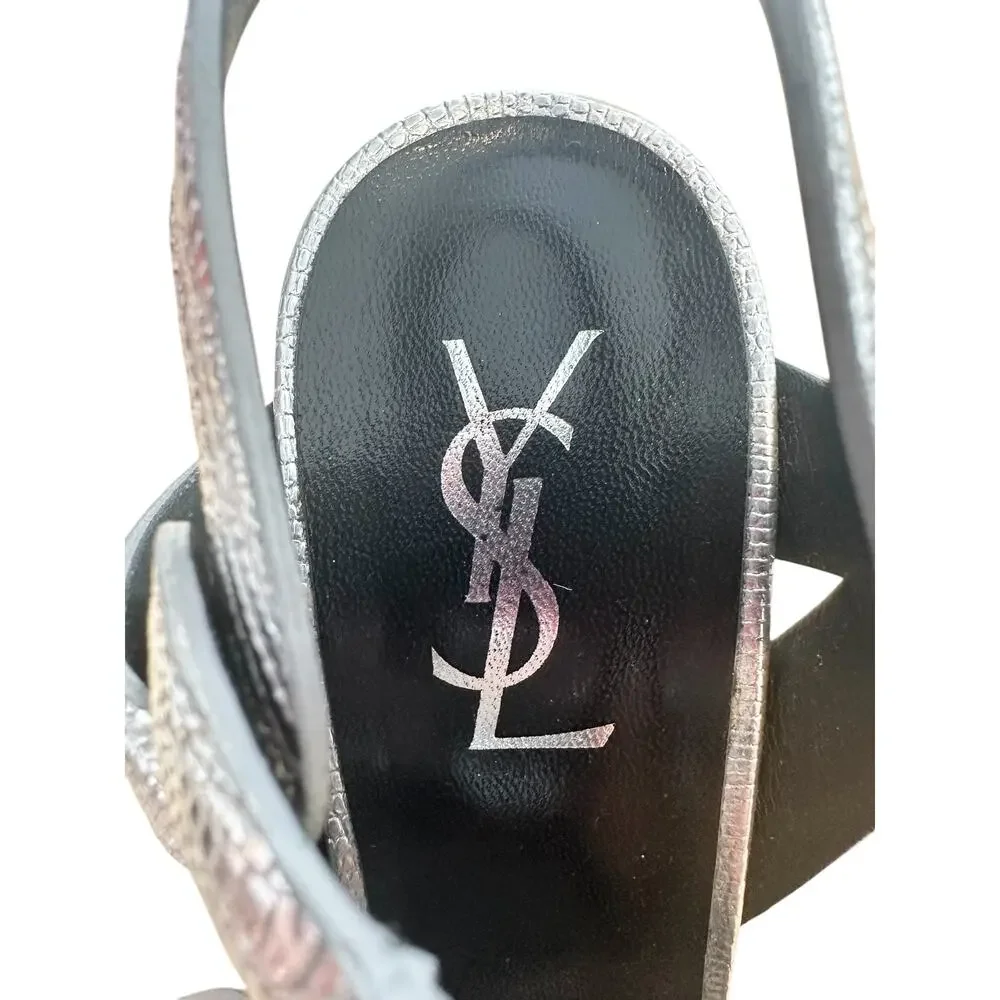 Saint Laurent Tribute Silver Embossed Leather Platform High Heel Sandals 39.5 - Picture 8 of 13